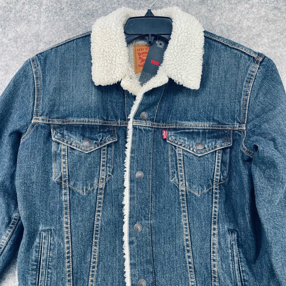 Levi's Denim Trucker Jacket Men Medium Blue Sherpa Lined Coat Western Work NEW